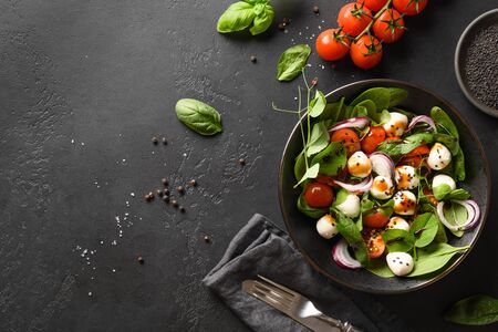 Homemade salad with spinach, cherry tomatoes, basil, onion and Mozzarella. Vegan food. Tasty and healthy meal on black stone background. Top view. Copy space.の写真素材