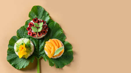 Rice cakes with toppings, edible nasturtium flowers, friuts and vegetables on beige background. Banner. Flat lay. Concept eco organic or vegan food.の写真素材
