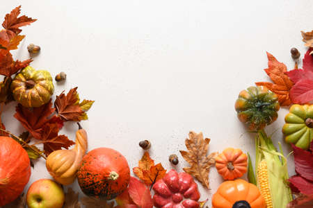 Seasonal harvest, pumpkins, colorful leaves on white background with space for text. Autumn...