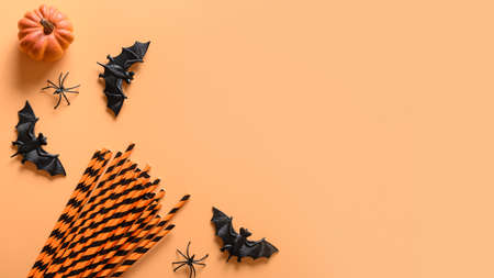 Halloween fun party decorations, pumpkin, drinking straw, bat, spooky spider on orange background. Overhead view, flat lay. Copy space.の写真素材