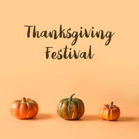 Three pumpkins on distance on orange background with text - Thanksgiving festival.の写真素材