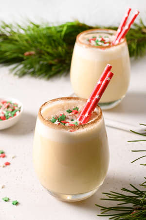 Traditional Christmas eggnog with cinnamon on white. Vertical format. National Eggnog, Day 24th...