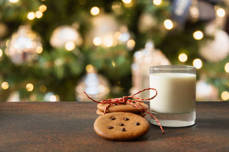 Christmas homemade gingerbread cookies and milk for Santa near Xmas tree.
