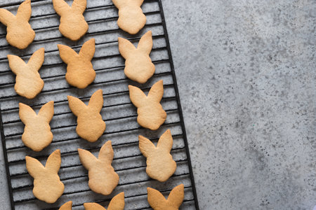 Easter bunnies shaped cookies on grey stone background. Top view with copy space.の写真素材