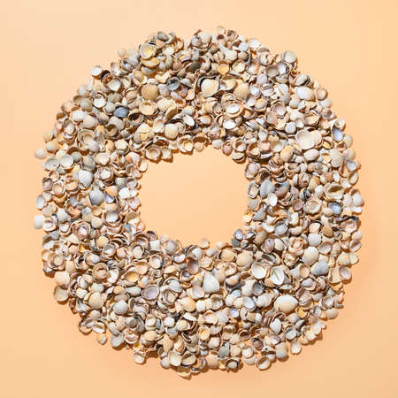 Seashells as wreath with copy space on beige background. View from above.