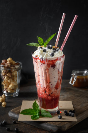 Delicious blueberrie milkshake with whipped cream, dripping jam on dark background. Vertical. Close up.の写真素材