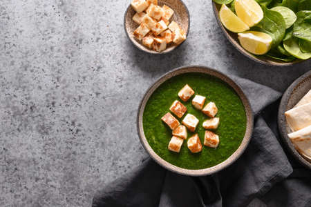 Indian vegetarian Palak Paneer served with chapati, spinach and cheese.の写真素材