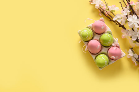 Easter eggs and spring blooming flowers on yellow.