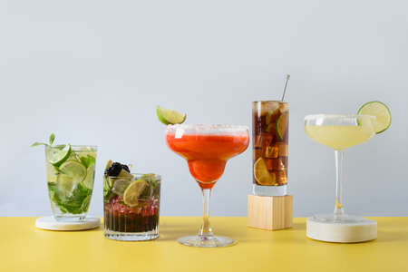 Classic and blackberry mojito, cuba libre, margarita cocktail with lime.の写真素材