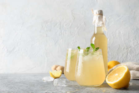 Homemade Kombucha healthy tasty drink in bottle and glass with lemon garnish mint.の写真素材