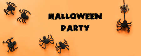 Halloween banner with black spiders, web on orange. Flat lay, top view. Space for text.の写真素材
