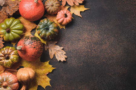 Pumpkins and colorful fall leaves on brown background.の写真素材