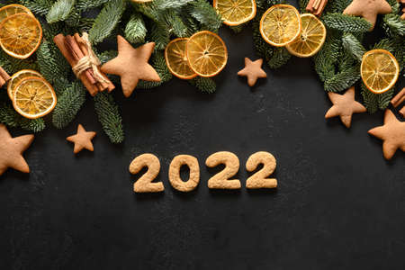 Christmas holidays cookies and date 2022 New Year.