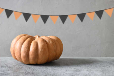 Organic pumpkin on a gray background. Autumn harvest for Thanksgiving Day or Halloween Party.の写真素材