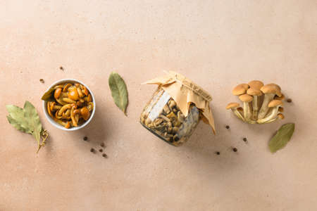 Pickled honey mushrooms served with bay leaf in bowl.の写真素材