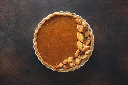 Homemade tasty pumpkin pie with ingredients for Thanksgiving Day.