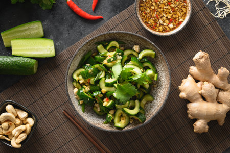 Chinese asian spicy broken cucumbers salad. Spicy cucumbers.の写真素材
