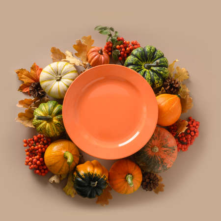 Fall harvest of colorful pumpkins and falled leaves and orange plate in the center.の写真素材