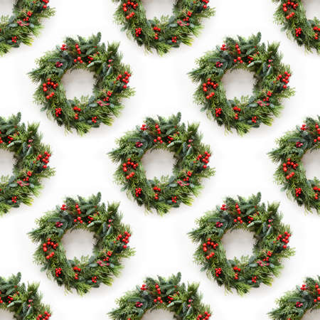 Seamless pattern of snowy Christmas wreath. Merry christmas greeting card.の写真素材