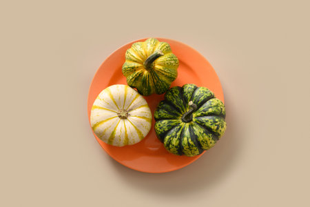 Autumn pumpkin in decorative orange plate, home decor concept.の写真素材