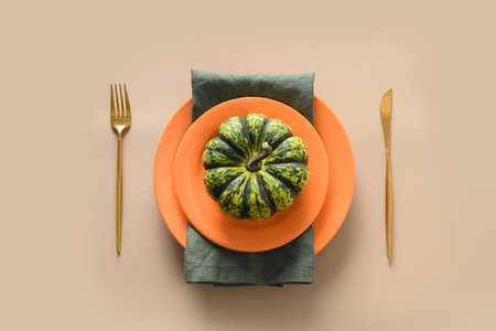 Autumn table setting decorated fall harvest for Thanksgiving day.の写真素材