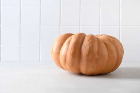 Organic big pumpkin on a white background with Halloween decorations. Autumn harvest for fest.の写真素材