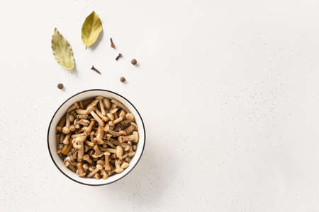 Pickled honey mushrooms in a bowl and a jar on a white background.