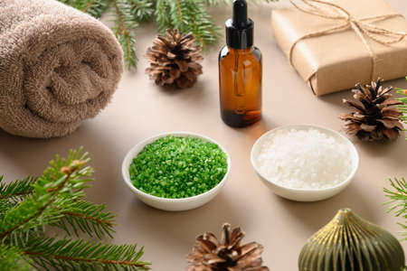 Christmas Spa concept, wellness objects, essence oil, cosmetic sea salt.の写真素材