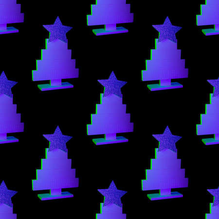 Seamless pattern of neon blue Christmas tree in rays lights on black background.の写真素材