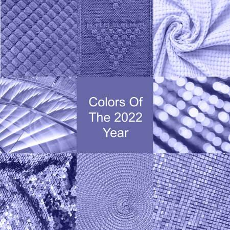 Collage of different textile and texture in very peri color. Trendy color of the 2022 year.の写真素材