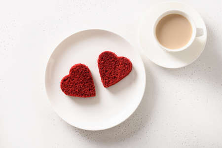 Red velvet cake in shape of hearts for Valentines day.の写真素材