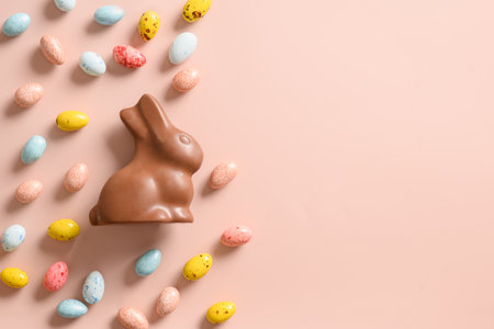 Easter mock up with pastel chocolate eggs on blue background.の写真素材