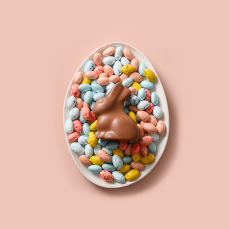 Chocolate rabbit and eggs in plate. Happy Easter greeting card.の写真素材