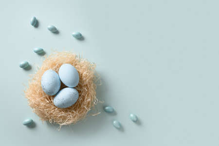 Easter eggs in nest on blue background.