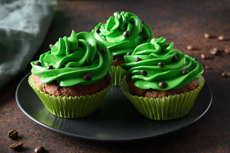 Three chocolate cupcakes with green whipped cream and chocolate sprinkles on dark. St. Patricks Dayの写真素材