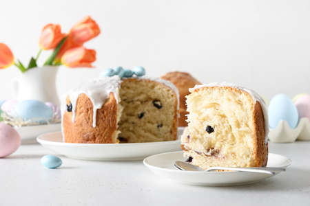 Cutted Easter cake decorated eggs. Christian custom.