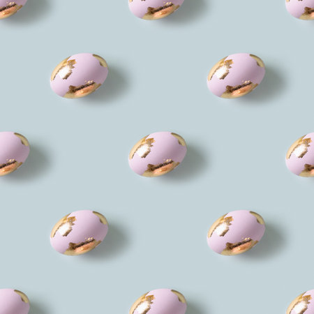 Happy Easter violet eggs decorated golden potal. Seamless pattern.の写真素材