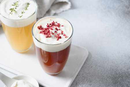 Chinese asian beverage cheese oolong and black tea with layer of cream cheese foam topped.の写真素材