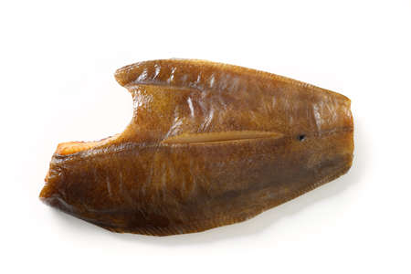 Atlantic salted smoked halibut isolated on white background.