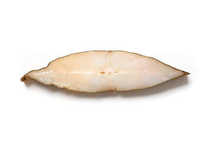 Atlantic salted slice smoked halibut isolated on white background. View from above.