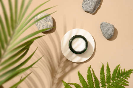 Podium for cosmetic products in modern composition with tropical fern leaves and stones on beige background with shadow. View from above.の写真素材