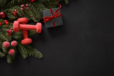 Christmas composition with gift, two red sports dumbbells, evergreen branches on black background. Top view with copy space. Fitness, sport concept. Xmas greeting card. Winter sale.の写真素材