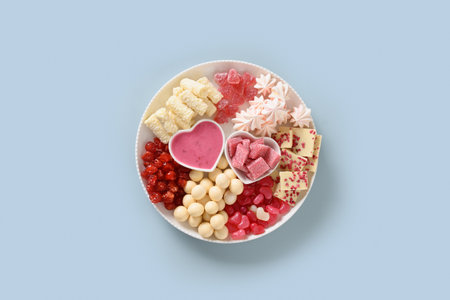 Valentines Day charcuterie board with white chocolate, sweets, and candies on blue background. View...