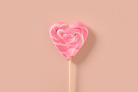 Pink lollipop on stick on pink background. Sweet dessert. Top view. Valentines day romantic concept.の写真素材