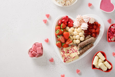 Happy Valentines Day. Charcuterie sweet board with different chocolate sweets, strawberries and...