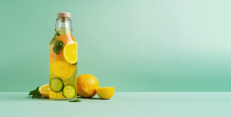 Summer freshness beverage or lemonade with mint, lemon and cucumber in bottle on green background. Copy space. Banner. Generative AI.の素材
