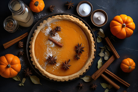 Slice of Pumpkin pie for Thanksgiving day. View from above. Generative AI.の素材