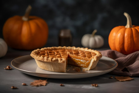Pumpkin pie with whipped cream for Thanksgiving day on dark gray background. Close up. Generative AI.の素材