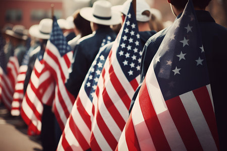 USA Patriotic Day. People with American flags on the street in United State. Happy Independence Day. Generative AI.の素材