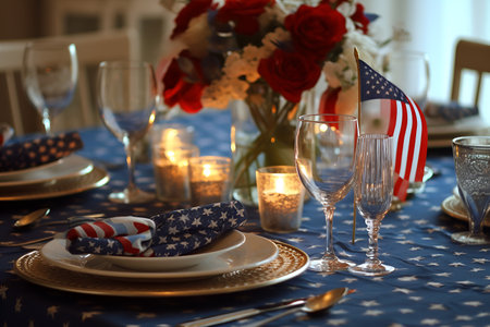 Patriotic table setting with empty plate and decoration in USA national flag colors. Independence Day. Happy Memorial Day. Close up. Generative AI.の素材